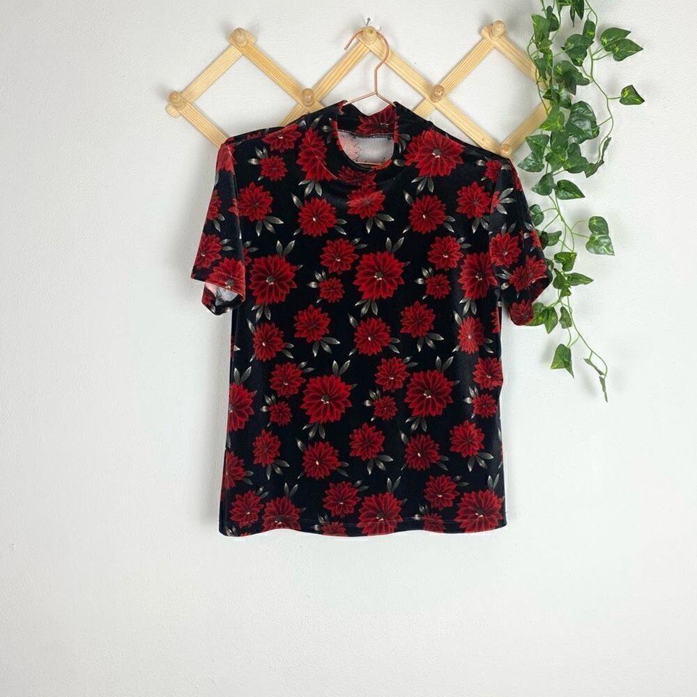 VINTAGE Velvet Floral Mock Neck Top Black Red Size Medium EUC H243